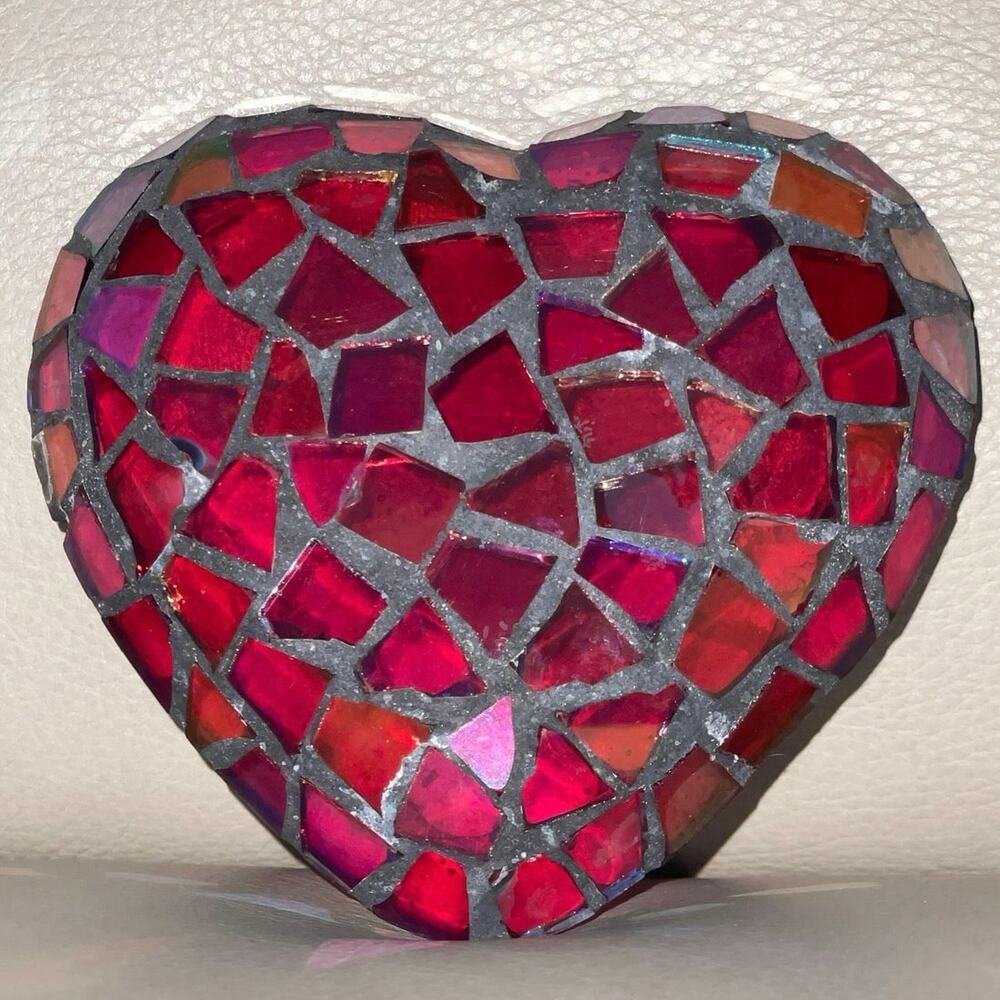 Vintage Red Mosaic Stained Glass Heart Paperweight - Unsigned Artisan Valentine